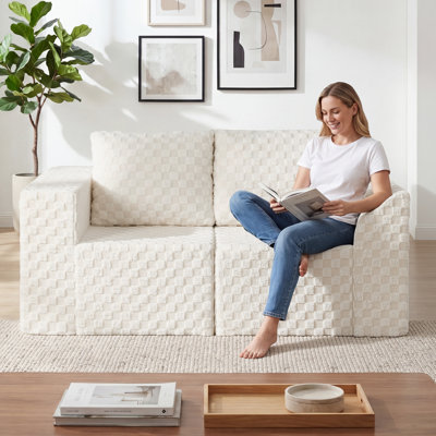 Causeuse modulaire 2 places, canapé à assise profonde avec mousse à mémoire de forme et coussins décoratifs pour le salon, tissu écossais blanc