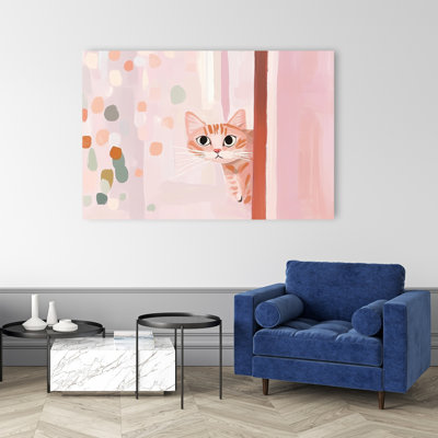 Curious Orange Cat Peek Abstract Playful Whimsical Cat Wall Art Print by Mathieu - Wrapped Canvas Print