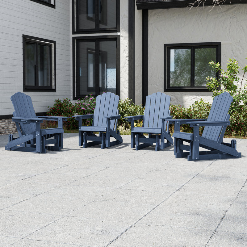 HDPE Glider Adirondack Chair, Wood-Like Glider Rocking Chair, 3-Position Adjustable Fire Pit Chair with Cup Holder for Lawn, Deck, & Poolside