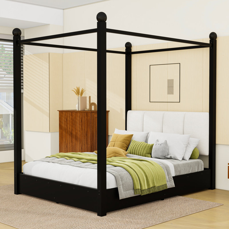 Lit plateforme à baldaquin en bois avec tête de lit tapissier, Grand lit, Noir
