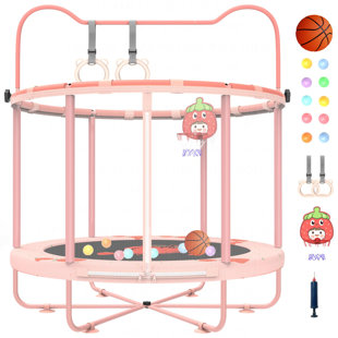 60 inch Kids Trampoline Indoor 5ft Toddler Mini Trampoline with Basketball Hoop Gymnastics Bar Rings Christmas Toys Birthday Gifts for Girls Boys