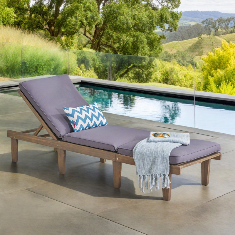 Gray Acacia Wood Outdoor Chaise Lounge with Cushions