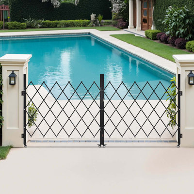 Double Folding Security Gate, Lockable Scissor Gate with 360° Swivel Casters, Outdoor Barricade Steel Retractable Gates, for Entry Security, Garage, Warehouse & Pool, 125.98 x 63.19 in (W x H)