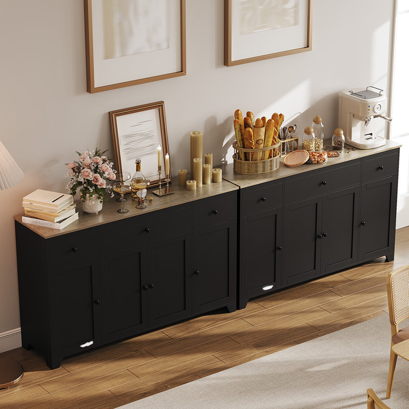 Buffet moderne 55 po - 3 tiroirs, 4 portes, console de rangement réglable, Noir