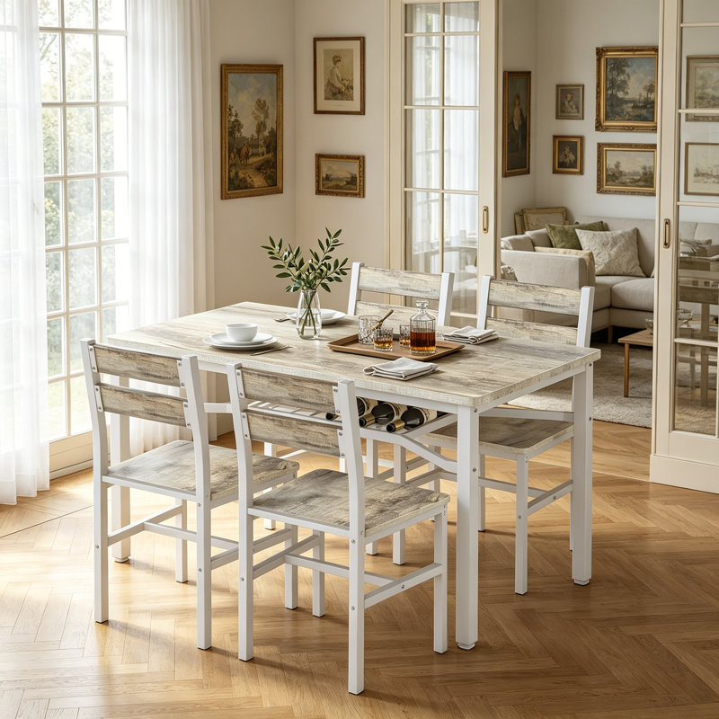 Modern Farmhouse Style 5-Piece Dining Room Table And Chairs Set, Rectangle Small Kitchen Table Set With 4 Chairs And Storage Rack, Particle Board Top And Metal Frame Dinette Set For 4, Space-Saving Design Bar Table Set