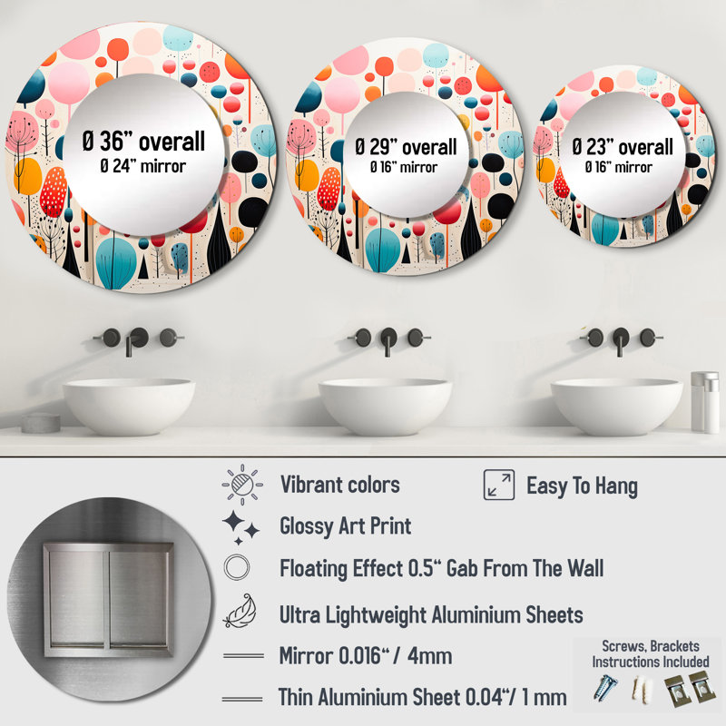 Rose Mid Century Playful Patterns I - grand miroir moderne de style Mid-Century, décoration murale ronde rose, 23 po x 23 po