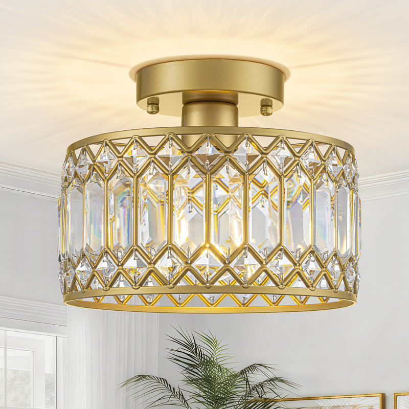 Luxury Crystal Drum Semi Flush Mount Light, Gold, 9" Width