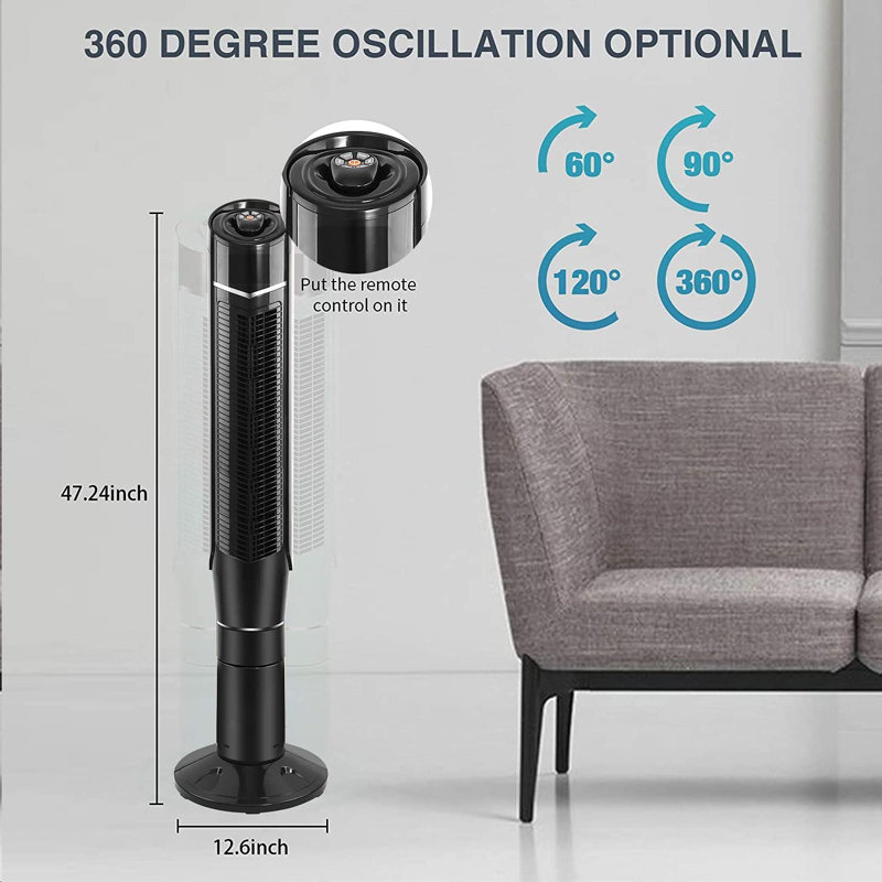 Antarctic Star 59'' Oscillating Tower Fan Fan with Remote Included, Black, 40" H x 12.6" W x 12.6" D