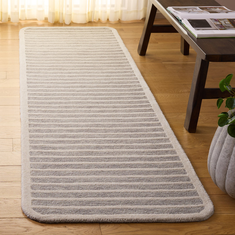 Ebony Hand Tufted Wool/Cotton Striped Rug in Grey/Ivory, Runner 2'3" x 8'