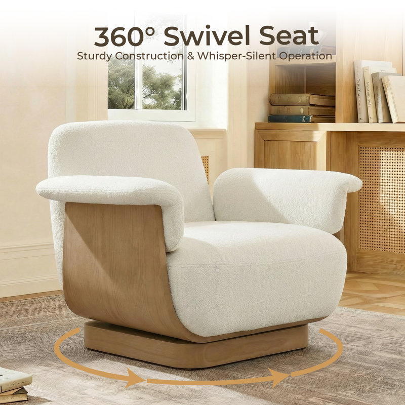 Modern Swivel Accent Chair with Ottoman-Chenille, Cream Polyester / Natural Ash