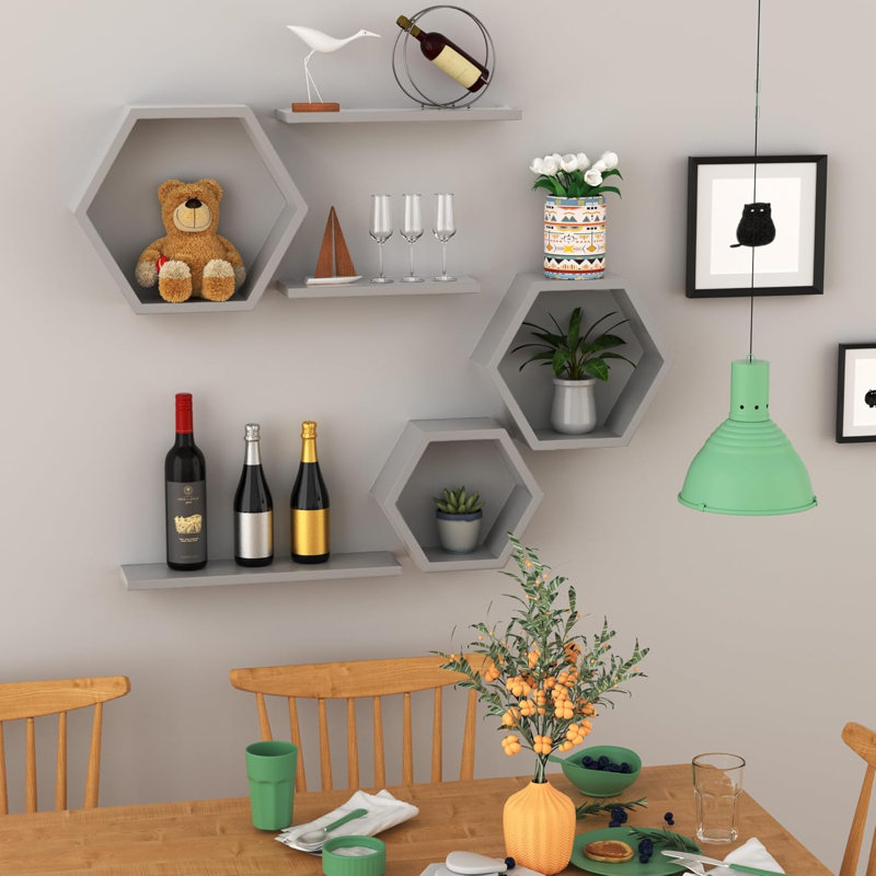 Hexagon Floating Shelves Set Of 6, Geometric Wall Shelves With Honeycomb Design For Modern Rustic Home Decor And Storage Solutions