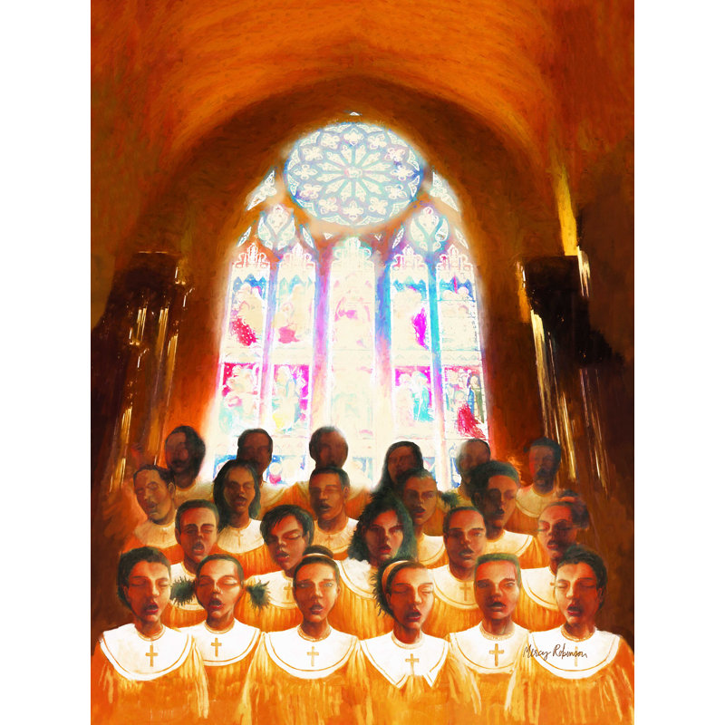 Choir in Church, vitrail neuf, reproduction sur toile tendue, H 32 po x l 24 po