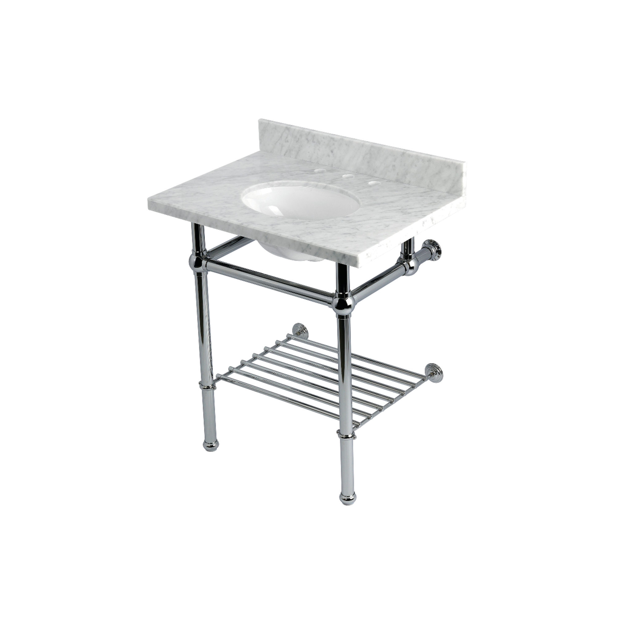 Kingston Brass Templeton 30-Inch Carrara Marble Console Sink with Brass Legs and Shelf (8-Inch, 3-Hole)