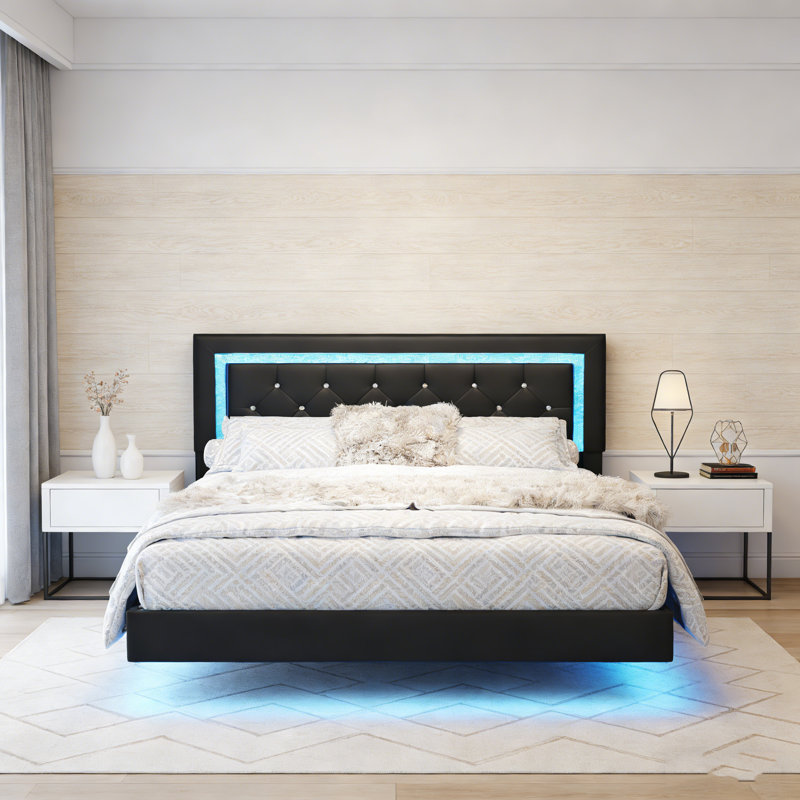 Cadre de lit plateforme flottant avec lumières DEL et tête de lit capitonnée à losanges, lit à profil bas moderne sans sommier, cadre de lit facile à installer pour la chambre à coucher