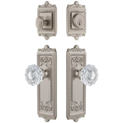 Grandeur Windsor Long Plate Entry Set with Versailles Crystal Knob in Satin Nickel