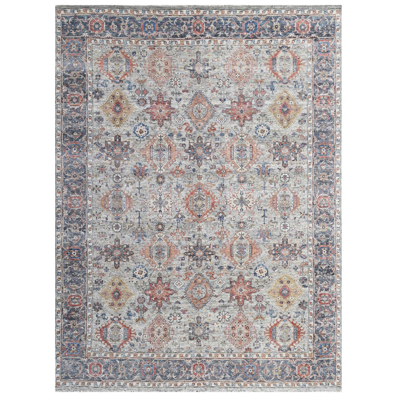 Tapis gris clair et bleu marine de haute qualité noué à la main, Rectangle 9 pi x 12 pi