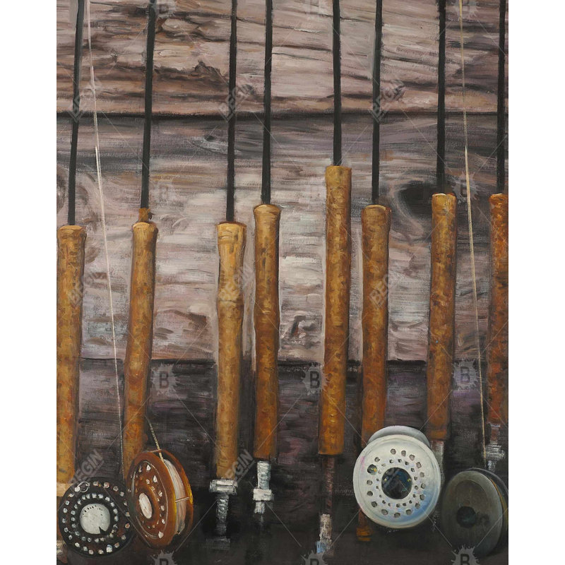 Cannes à pêche sur bois - Décoration sur toile encadrée rustique noire