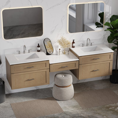 Disar 84" Floating Wall Mounted Double Bathroom Vanity With Desk  Carrara Quartz Top
