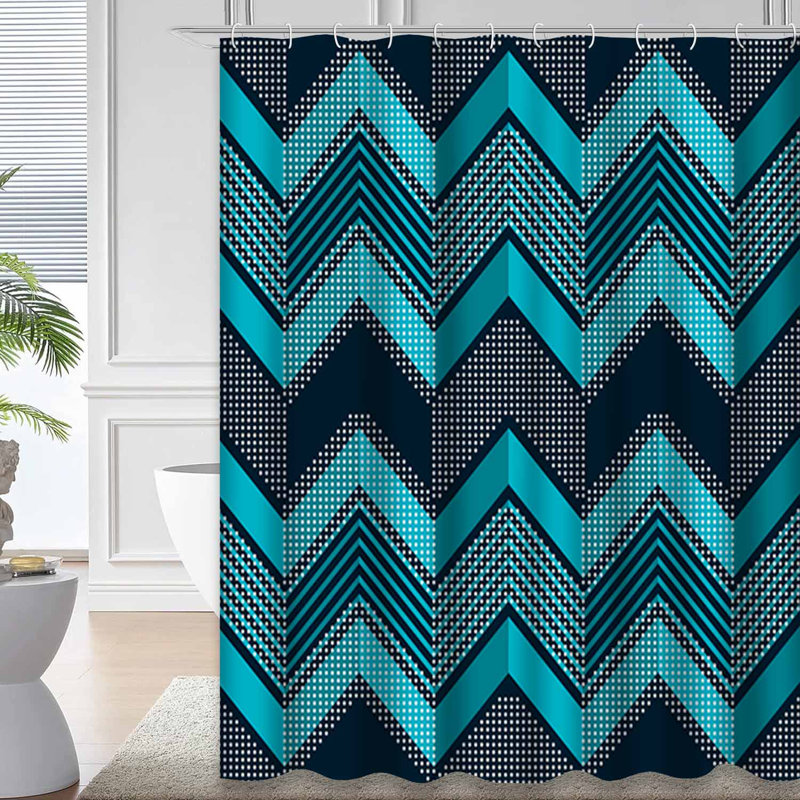 Rideau de douche sans soudure à motif géométrique abstrait en zigzag blanc avec 12 crochets, 72" L x 84" W