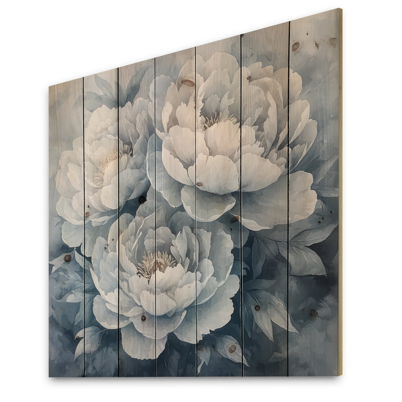 Frosted Monochrome Peonies Bloom I - Peonies Wood Wall Art - On Natural Pine Wood, 36" H x 36" W x 0.78" D