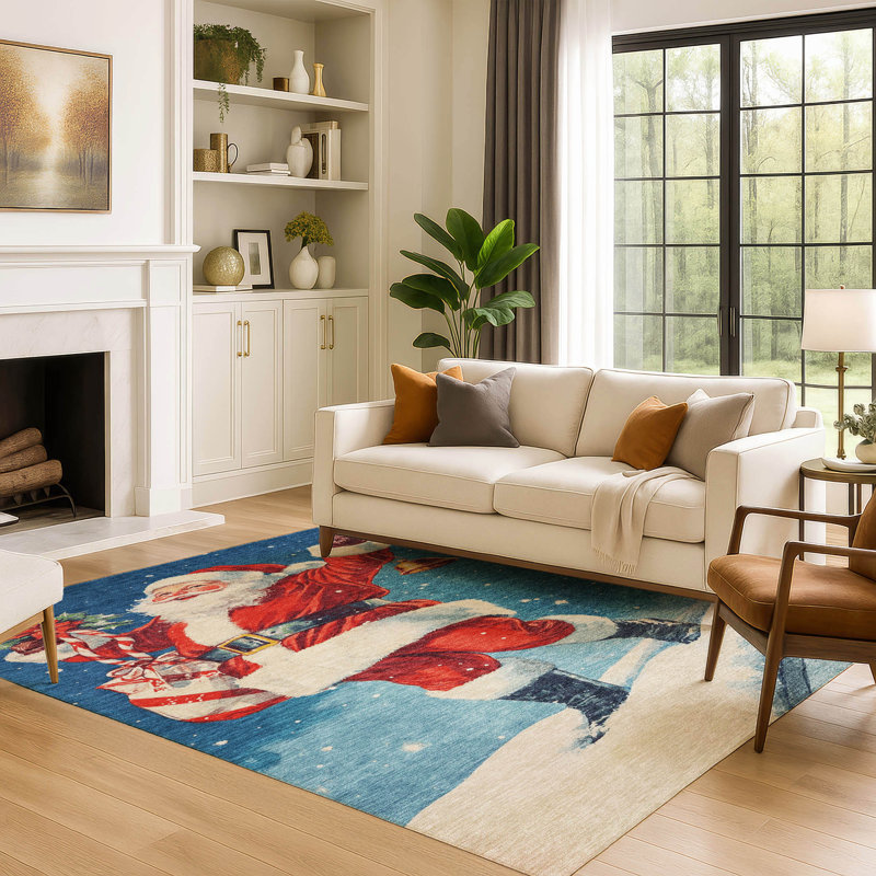 Premium Machine Washable Dockside AMF1807 Happy Santa Rug, Rectangle 3' x 5'