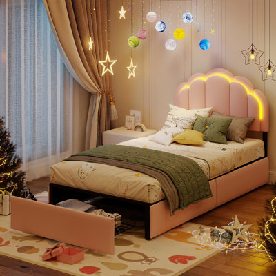 Upholstered LED Bed with Drawer & Petal Headboard, Kids Beds