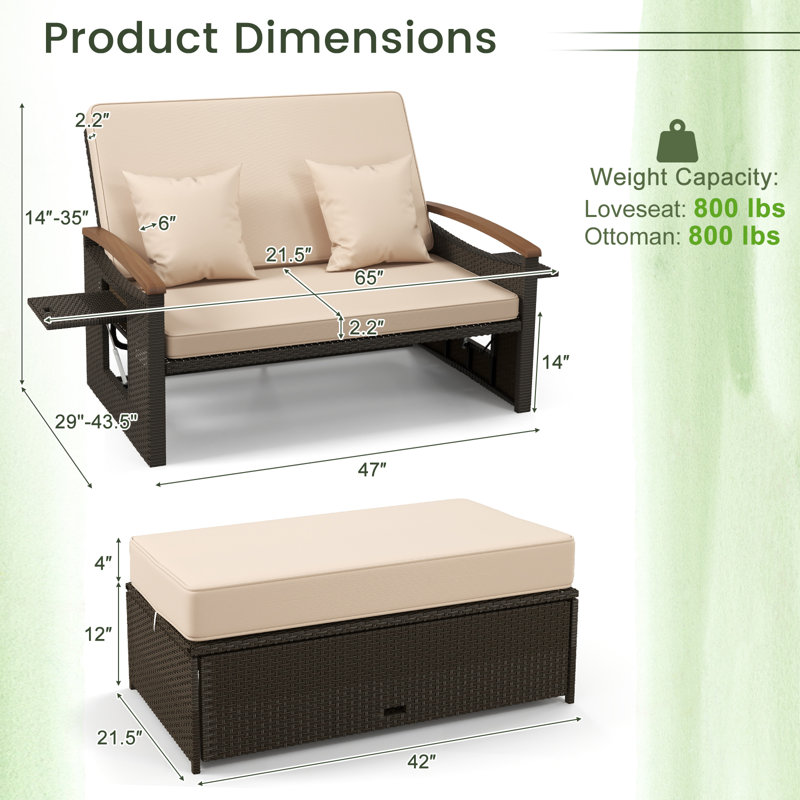 Ensemble de lit de jour en rotin  avec causeuse et repose-pieds avec rangement, Beige