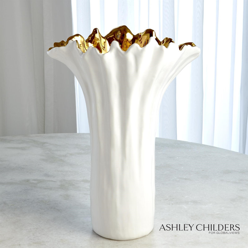 Organic Wave Oval Bowl-White-Lg, White/Gold