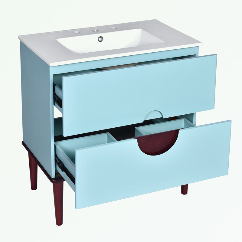 Armoire de salle de bain à cadre en bois avec lavabo en céramique et 2 tiroirs