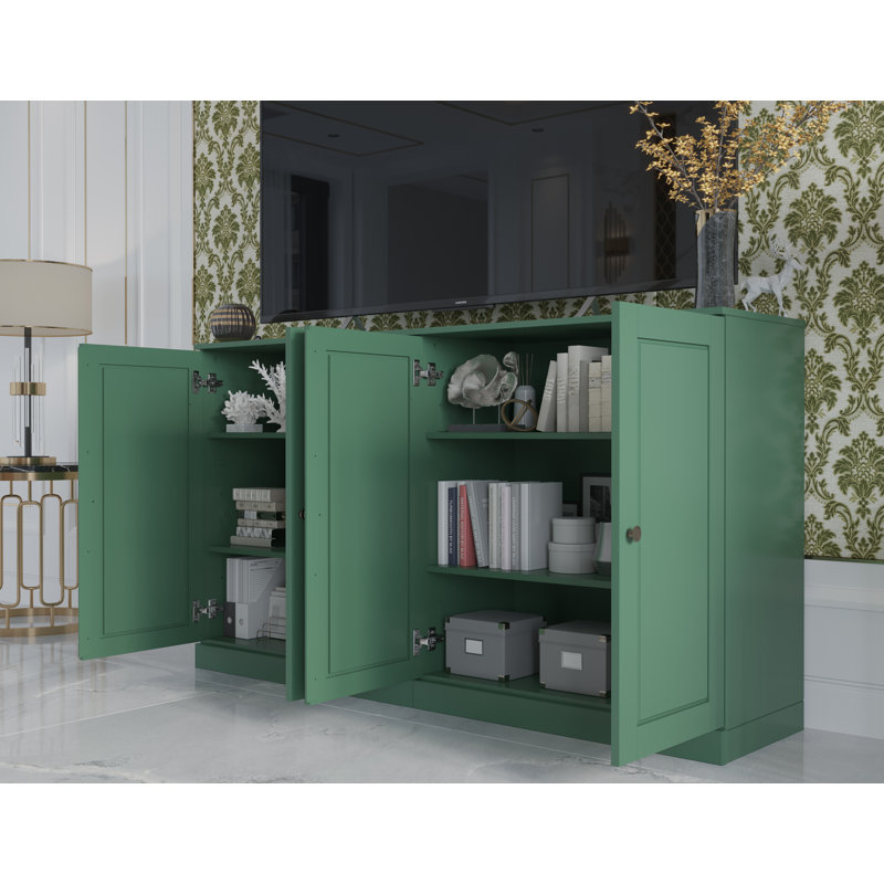 Meuble télé 100% bois massif, console de 64 po de largeur avec portes à panneau surélevé et rangement, Vert