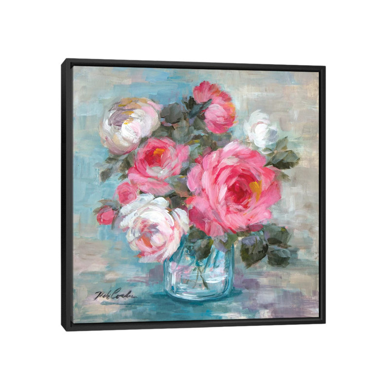 « summer roses ii », impression sur toile, H 18 po x l 18 po x P 1,5 po, Toile avec cadre noir, Pas de tapis