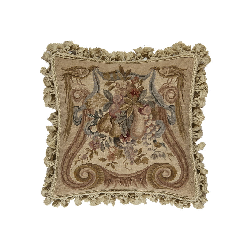 Needlepoint Square Pillow Cover & Insert, Beige Floral 1, Square 16"