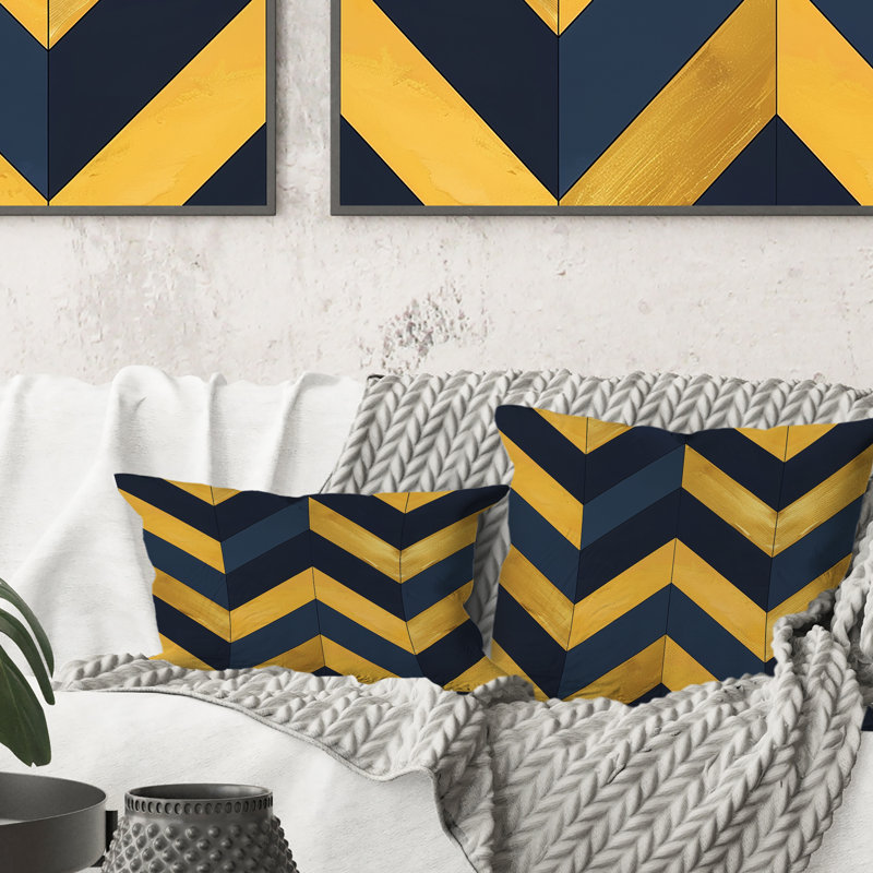 Coussin décoratif bleu et jaune à motif de chevrons glamour I, H 16 po x l 16 po