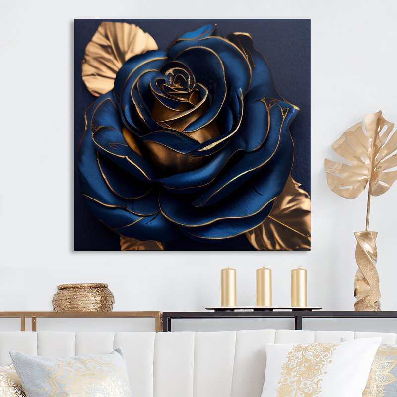 Hannegan Gilded Rose In Kings Blue III - Metal Wall Décor, 16" H x 16" W x 1" D
