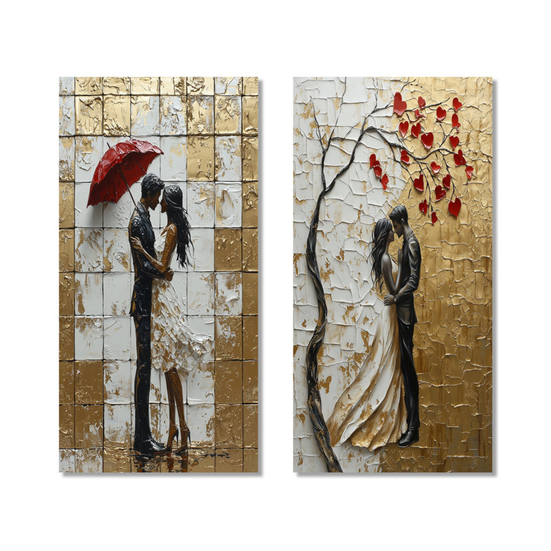 Or, rouge, tango argentin, Couple romantique III - Boho, ensemble de 2 tuiles d'art mural, H 32 po x l 32 po, Toile tendue