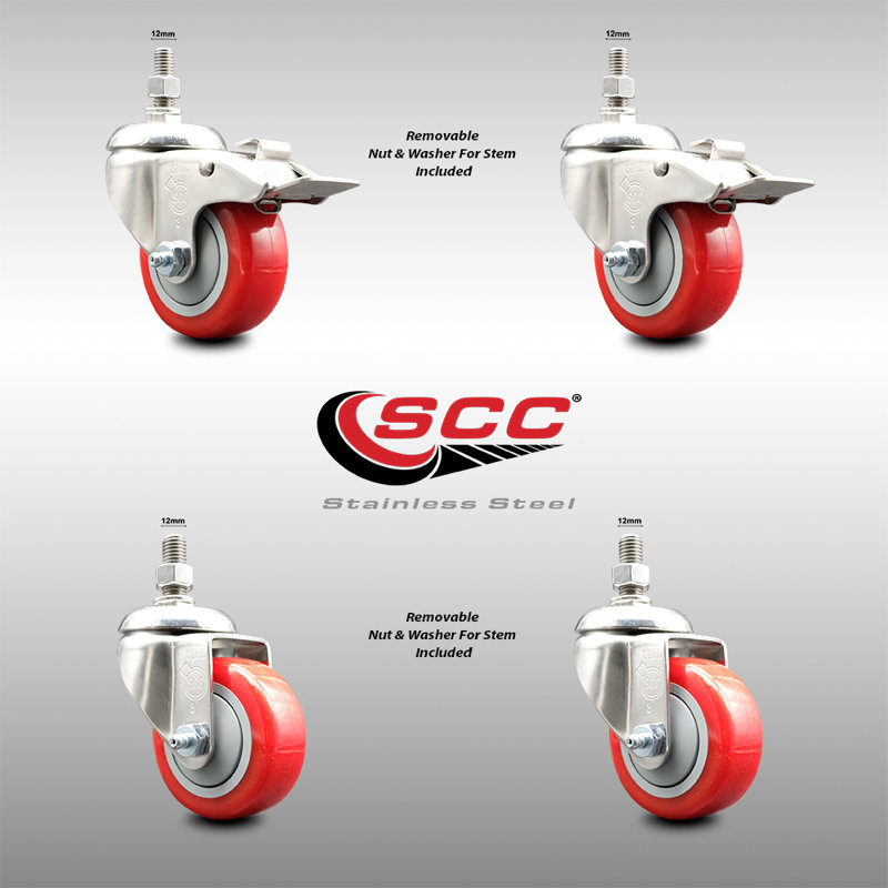 3 Inch 316SS Red Polyurethane 12mm Threaded Stem Caster Set 2 Lock Brake