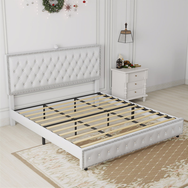 Upholstered Bed with Diamond Button, Modern Bed Frame with Galaxy Projector, No Box Spring Needed & Noise-Free Sturdy Wood Slats, PU