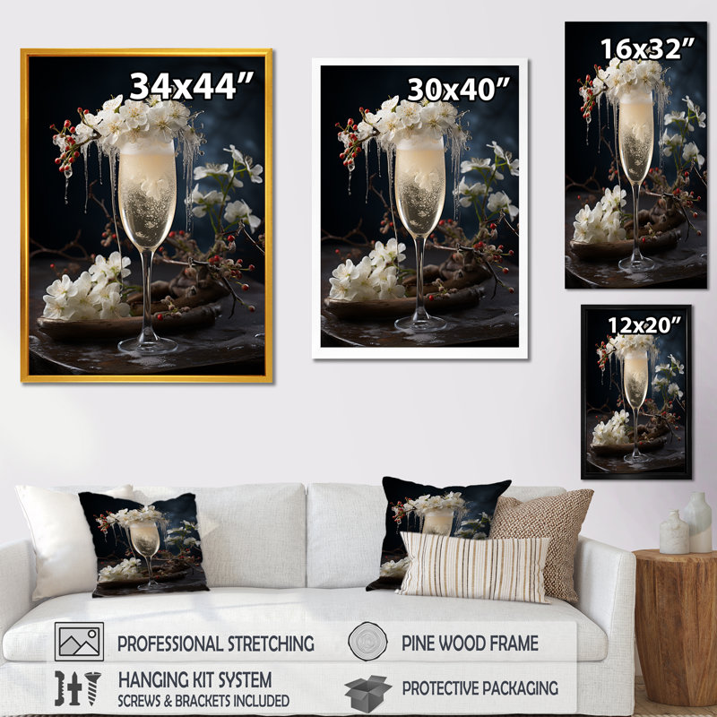 Champagne Blooms Bubbles and Bliss II - Champagne, art mural, Encadrement doré, H 40 po x l 30 po