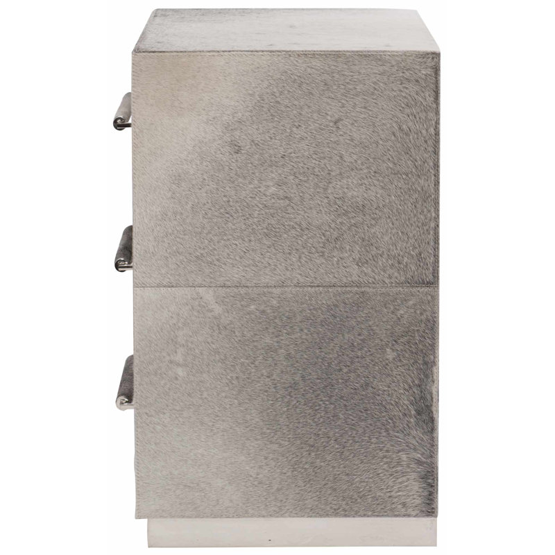 Beige Hair on Hide 3-Drawer Nightstand with Acrylic Pulls
