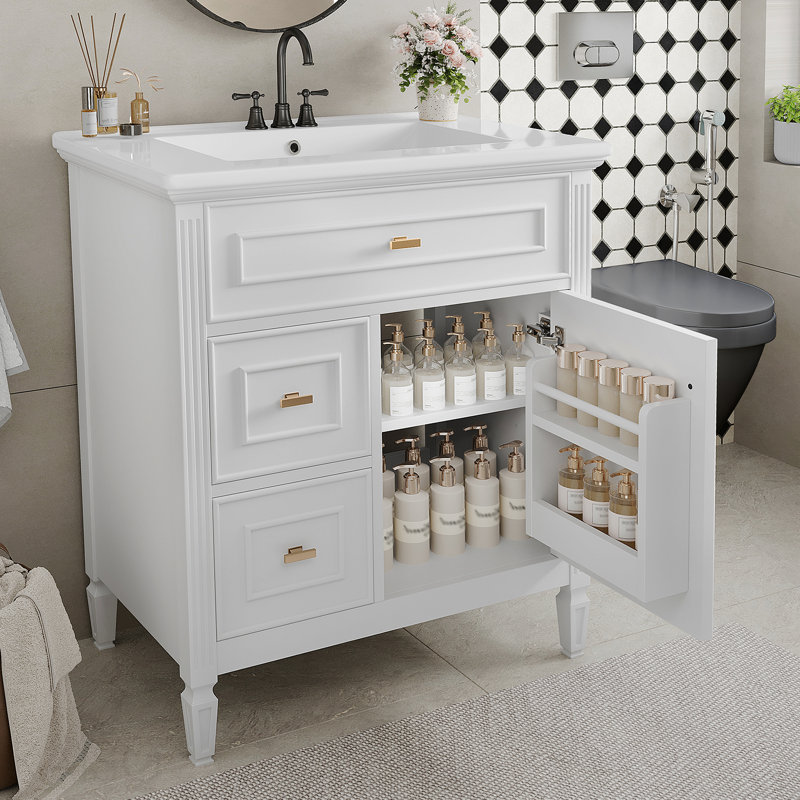 Meuble-lavabo de 30 po avec lavabo, meuble-lavabo avec un tiroir rabattable et deux tiroirs, tablette réglable, bois massif et panneau de fibres à densité moyenne, blanc