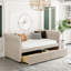 Lit de jour simple tapissier avec tiroirs, support en lattes de bois, beige