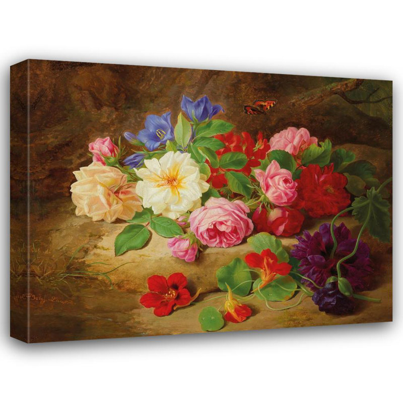 «A Forest Floor with Roses and a Butterfly» par Josef Lauer, reproduction d'art sur toile tendue avec châssis