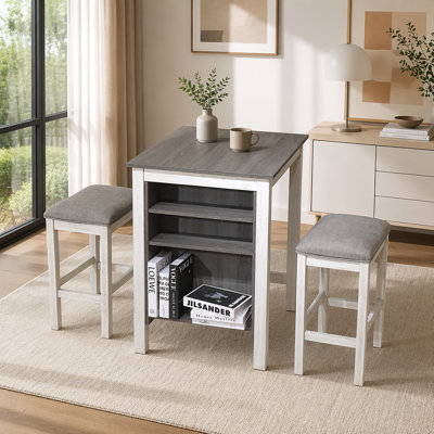 Ensemble de table de salle à manger 3 pièces, table de salle à manger avec espace de rangement et deux tabourets