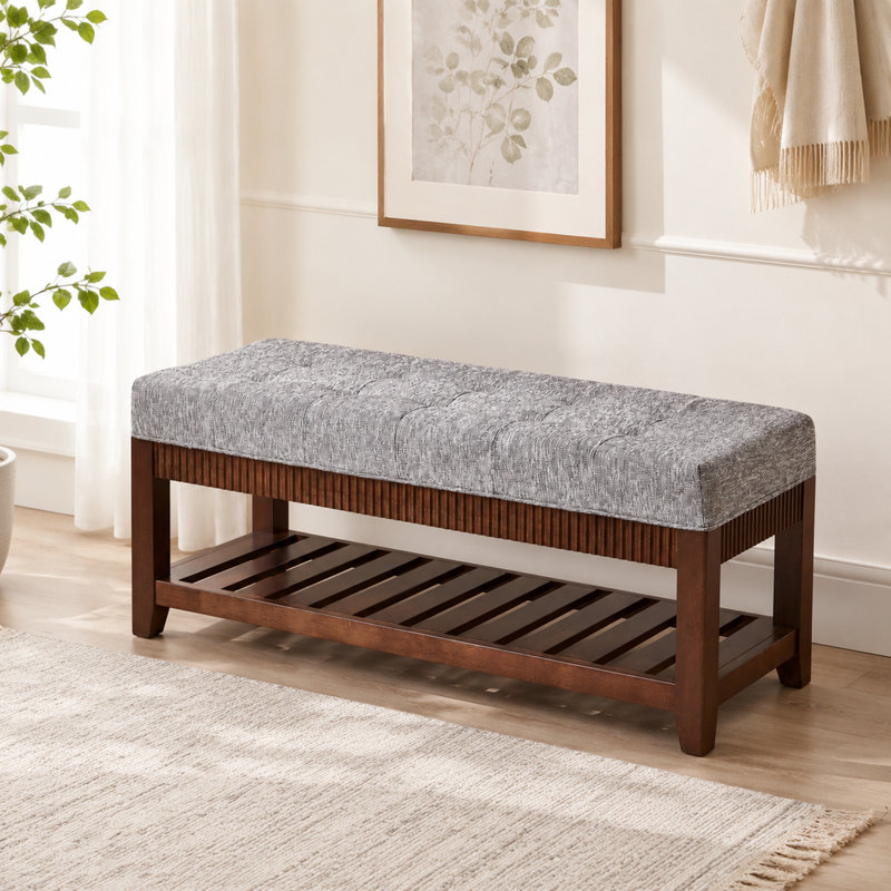 Banc d'entrée en bois d'hévéa massif avec coussin rembourré et étagère à chaussures intégrée, banc de rangement capitonné pour hall d'entrée, couloir ou salon