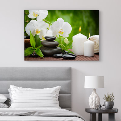 Zen Stones " Zen Basalt Stones and White Orchid on the Wood " Color Photography Print