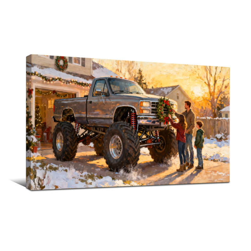Scène d'hiver de Noël camion de famille, H 16 po x l 32 po