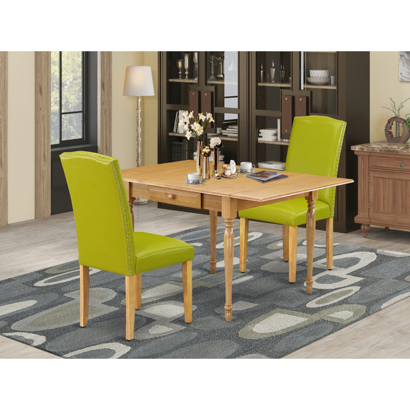 3 Piece Dining Room Table Set Contains a Rectangle Dining Table with Dropleaf and 2 Autumn Green Faux Leather Upholstered Chairs, Oak
