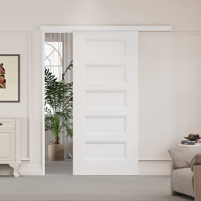 80"H 5-Panel Hidden Style Track White Sliding Barn Door With Installation Hardware Kit – Primed Surface, Hollow Core