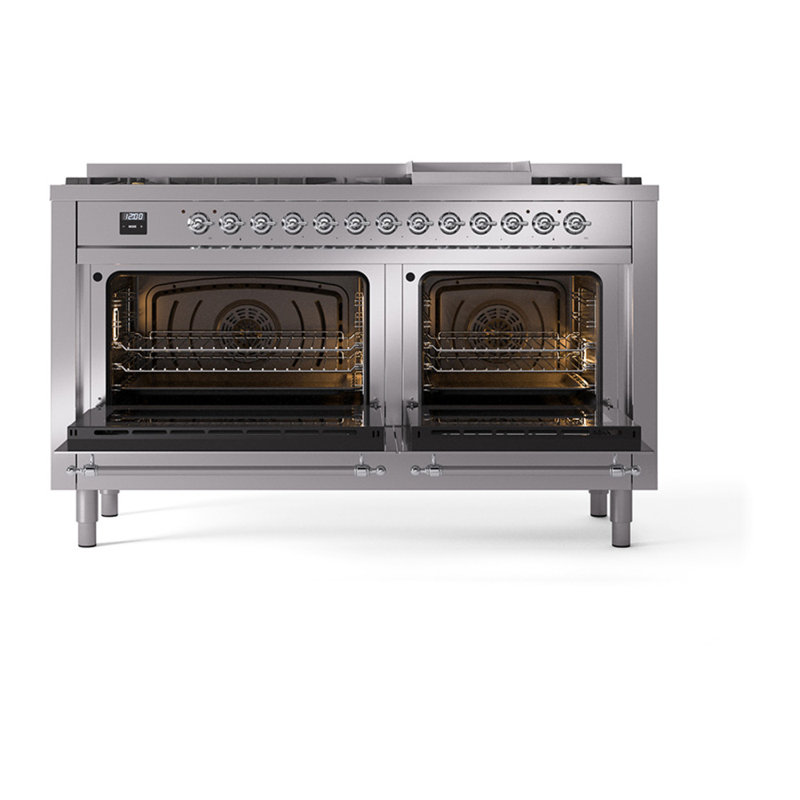 ILVE Nostalgie II Noblesse 60 in Dual Fuel Range, 9 Burner, Griddle, Stainless Steel/Chrome, Liquid Propane