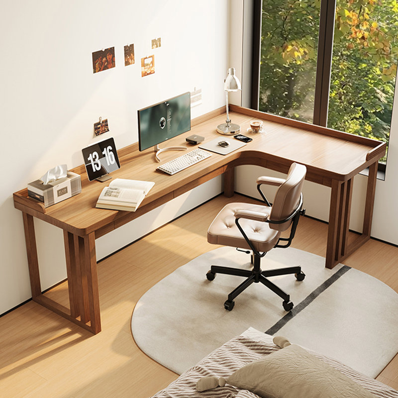 Bureau en bois massif en L de couleur noyer clair avec 3 tiroirs, Retour à droite, H 31,50 po x l 62,99 po x P 47,24 po